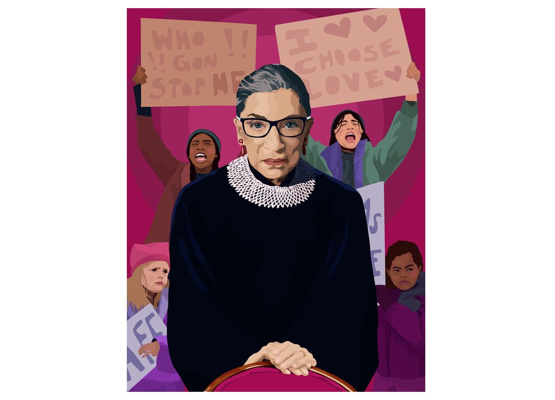 A depiction of Justice Ruth Bader Ginsburg with protesters holding signs saying "I Choose Love" and "Who Gon Stop Me."